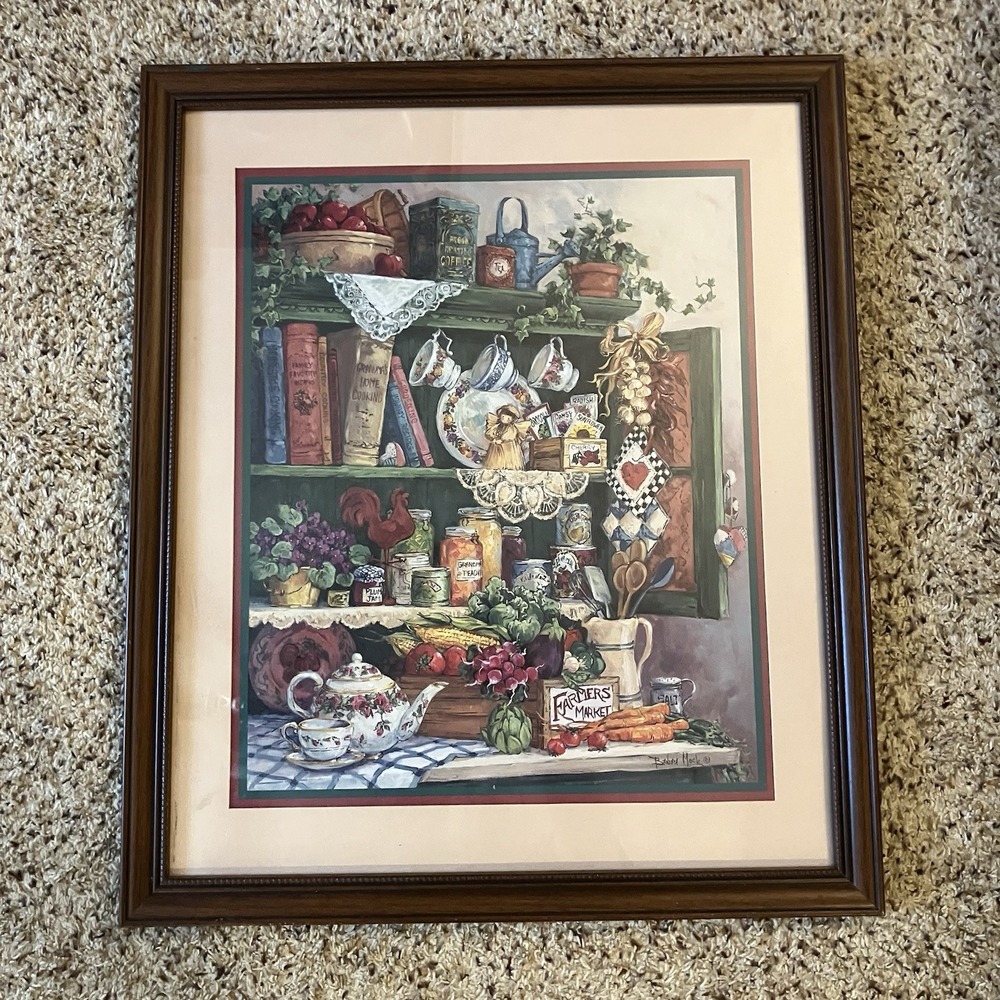 Home Interiors Farmers Market Matted Print Cherry Frame Vintage Cottage Core